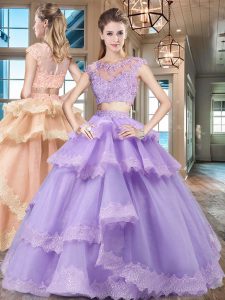 Scoop Cap Sleeves Floor Length Zipper Sweet 16 Dresses Lavender for Military Ball and Sweet 16 and Quinceanera with Beading and Lace and Appliques and Ruffled Layers