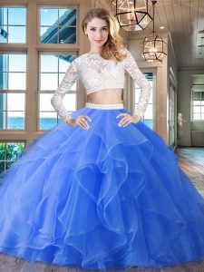 Comfortable Scoop Long Sleeves Quinceanera Dresses Brush Train Beading and Lace and Ruffles Blue Organza