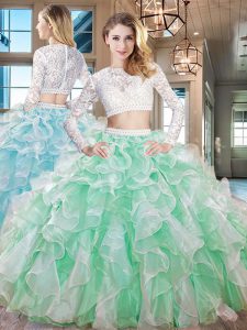 Fashionable Scoop Floor Length Apple Green Ball Gown Prom Dress Organza Long Sleeves Beading and Lace and Ruffles