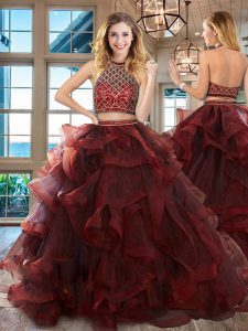 Spectacular Halter Top Two Pieces Sleeveless Burgundy Sweet 16 Dress Brush Train Backless