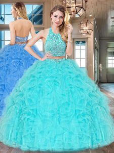Halter Top Sleeveless Tulle Quinceanera Dress Beading and Ruffles Backless
