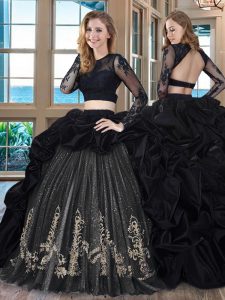 Adorable Scoop Black Two Pieces Embroidery and Pick Ups Quinceanera Dresses Backless Taffeta Long Sleeves With Train