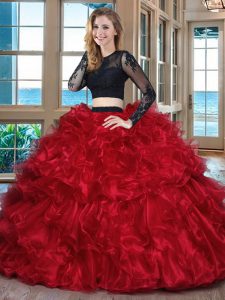 Fantastic Black and Red Backless Scoop Ruffles 15 Quinceanera Dress Organza Long Sleeves