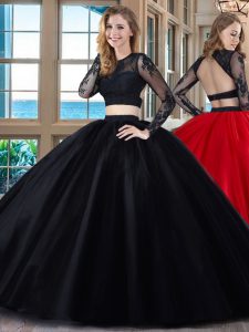 Trendy Black and Red Tulle Backless Scoop Long Sleeves Floor Length Vestidos de Quinceanera Appliques