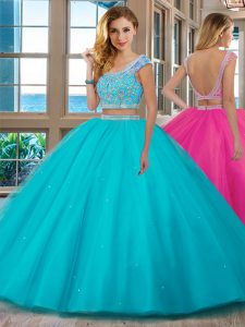 Comfortable Scoop Cap Sleeves Beading and Ruffles Backless Quinceanera Gown