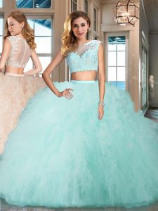 Floor Length Aqua Blue Ball Gown Prom Dress Bateau Cap Sleeves Zipper