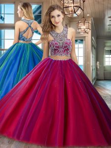 Graceful Scoop Sleeveless Tulle Floor Length Criss Cross Sweet 16 Quinceanera Dress in Fuchsia with Beading