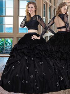 Exquisite Scoop Black Two Pieces Embroidery Quince Ball Gowns Backless Taffeta Long Sleeves Floor Length