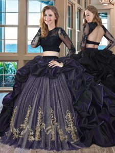 Fine Backless Scoop Long Sleeves Quince Ball Gowns With Brush Train Embroidery and Pick Ups Purple Taffeta