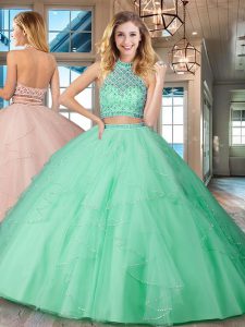 Clearance Halter Top Sleeveless Tulle Floor Length Backless 15 Quinceanera Dress in Apple Green with Beading and Ruffles