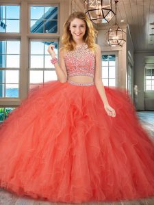 Orange Red Backless Scoop Beading and Ruffles Quinceanera Gown Tulle Sleeveless