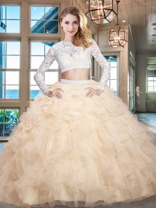 Scoop Long Sleeves Quinceanera Gowns Floor Length Beading and Lace and Ruffles Champagne Organza
