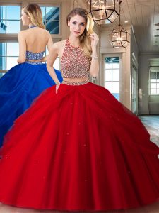 Red Tulle Backless Halter Top Sleeveless Floor Length Sweet 16 Quinceanera Dress Beading and Pick Ups