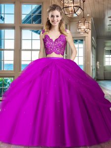 Elegant V-neck Sleeveless Tulle 15th Birthday Dress Lace and Ruffled Layers Zipper