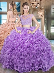 Hot Sale Purple Zipper Scoop Beading and Appliques and Ruffles Ball Gown Prom Dress Organza Cap Sleeves