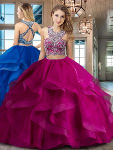 Dramatic Scoop Criss Cross Fuchsia Sleeveless Brush Train Beading and Ruffles With Train Quinceanera Gowns