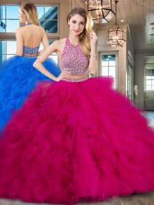 Affordable Halter Top Backless With Train Fuchsia Quinceanera Gowns Tulle Brush Train Sleeveless Beading and Ruffles