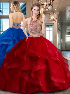 Halter Top Red Two Pieces Beading and Ruffles Quince Ball Gowns Backless Tulle Sleeveless With Train