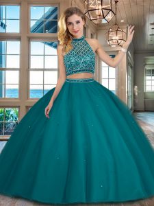 Best Selling Two Pieces Sweet 16 Dresses Teal Halter Top Tulle Sleeveless Floor Length Backless