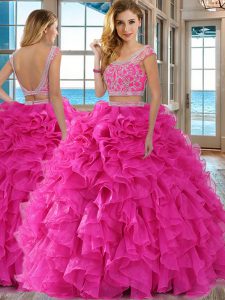 Scoop Hot Pink Organza Backless Quinceanera Gown Cap Sleeves Floor Length Beading and Ruffles