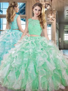 Custom Designed Apple Green Two Pieces Lace and Ruffles Sweet 16 Quinceanera Dress Lace Up Organza Sleeveless Floor Length