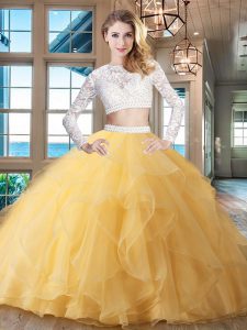 Gold Two Pieces Scoop Long Sleeves Organza Brush Train Zipper Beading and Lace and Ruffles Vestidos de Quinceanera
