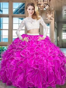Designer Fuchsia Organza Zipper Scoop Long Sleeves Floor Length Quince Ball Gowns Beading and Lace and Ruffles