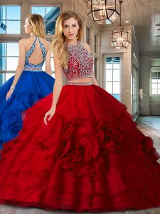 Free and Easy Scoop Sleeveless Floor Length Beading and Ruffles Backless Ball Gown Prom Dress with Red