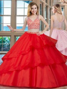 High Quality Sleeveless Organza With Brush Train Zipper Vestidos de Quinceanera in Red with Beading