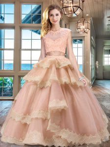Trendy Peach Two Pieces Scoop Cap Sleeves Tulle Floor Length Zipper Beading and Lace and Appliques and Ruffled Layers Sweet 16 Quinceanera Dress