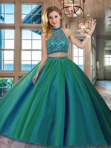 Nice Halter Top Dark Green Two Pieces Beading Quince Ball Gowns Backless Tulle Sleeveless