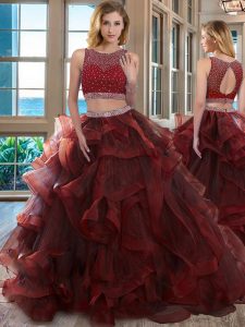 Fashionable Scoop Burgundy Organza Backless Sweet 16 Dress Sleeveless Floor Length Beading