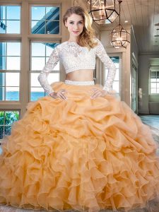 Gold Organza Zipper Scoop Long Sleeves Floor Length Quinceanera Dresses Beading and Lace and Ruffles