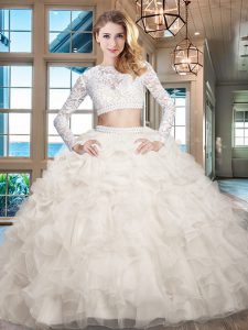 Scoop Long Sleeves Beading and Lace and Ruffles Zipper Quinceanera Gown
