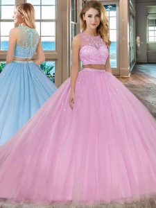 Scoop Lilac Sleeveless Tulle Court Train Zipper Quinceanera Dress for Military Ball and Sweet 16 and Quinceanera