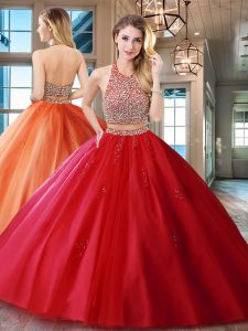 Modest Red Two Pieces Tulle Halter Top Sleeveless Beading and Appliques With Train Backless Quinceanera Gowns Brush Train
