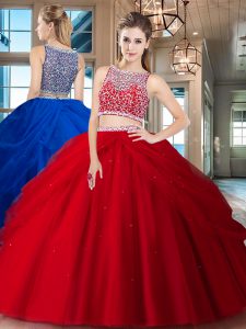 Fitting Red Tulle Side Zipper Bateau Sleeveless Floor Length Quinceanera Dress Beading and Pick Ups