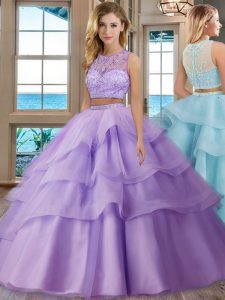 Ruffled Two Pieces Quinceanera Dress Lavender Scoop Tulle Sleeveless Floor Length Zipper
