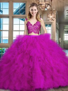 Traditional V-neck Sleeveless Tulle Ball Gown Prom Dress Lace and Ruffles Brush Train Zipper