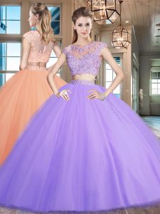 Scoop Lavender Cap Sleeves Beading and Appliques Floor Length Ball Gown Prom Dress