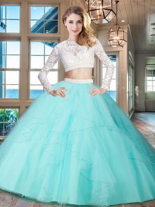 On Sale Scoop Aqua Blue Long Sleeves Beading and Lace and Ruffles Floor Length Sweet 16 Dresses