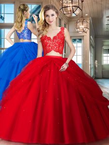 Ruffled Red Sleeveless Tulle Zipper Sweet 16 Dress for Military Ball and Sweet 16 and Quinceanera