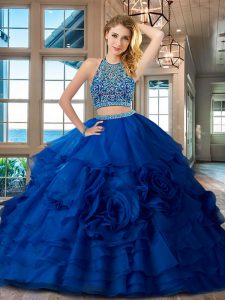 Traditional Scoop Sleeveless Floor Length Beading and Ruffles Backless 15th Birthday Dress with Royal Blue