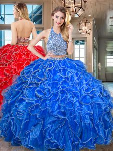 Halter Top Ruffled Royal Blue Sleeveless Organza Backless Quinceanera Dress for Military Ball and Sweet 16 and Quinceanera