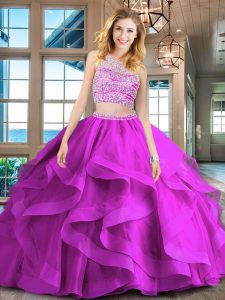 Fantastic Tulle Scoop Sleeveless Brush Train Backless Beading and Ruffles Ball Gown Prom Dress in Fuchsia
