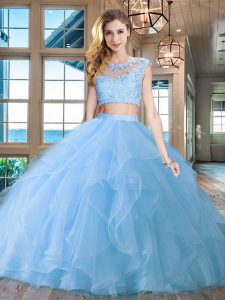 Sumptuous Scoop Beading and Appliques and Ruffles 15th Birthday Dress Light Blue Zipper Cap Sleeves With Brush Train