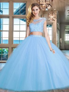 Romantic Scoop Floor Length Light Blue Sweet 16 Dress Tulle Cap Sleeves Beading and Appliques