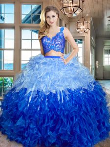 Multi-color V-neck Zipper Lace and Ruffles Quinceanera Gowns Sleeveless