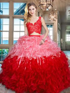 Delicate Multi-color Quince Ball Gowns Military Ball and Sweet 16 and Quinceanera with Lace and Ruffles V-neck Sleeveless Zipper