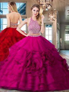 Halter Top Backless With Train Fuchsia Quinceanera Gown Organza Brush Train Sleeveless Beading and Ruffles